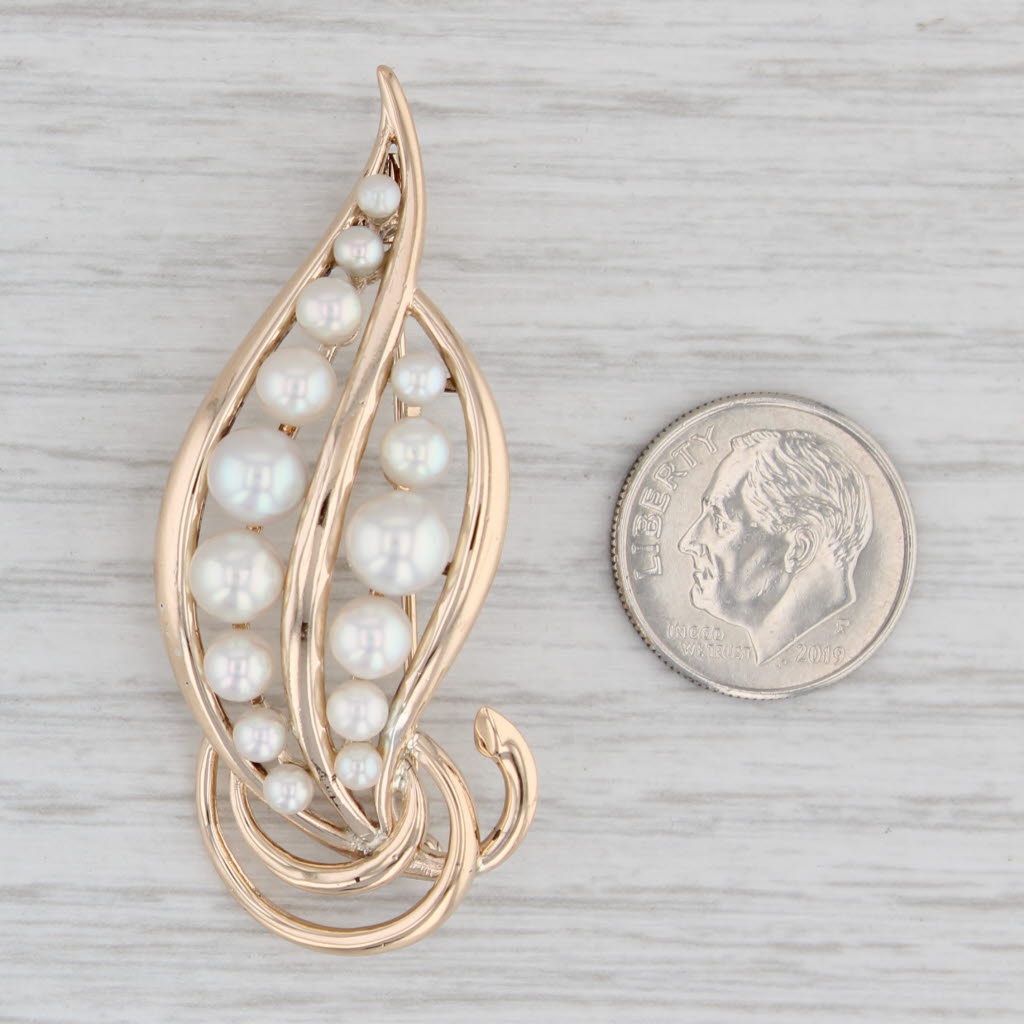 Gray Mikimoto Cultured Pearl Leaf Brooch 14k Yellow Gold Pin