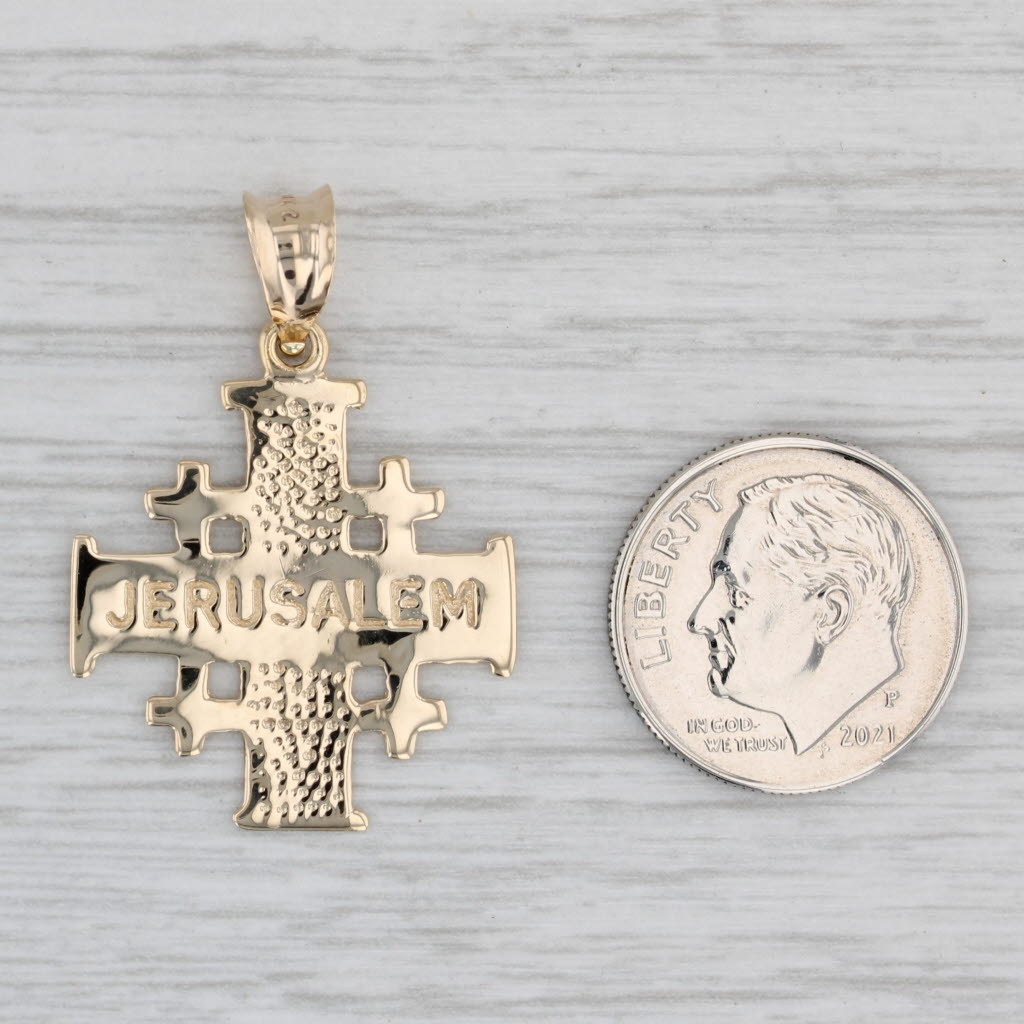 Gray Jerusalem Cross Pendant 14k Yellow Gold Scroll Work Religious Jewelry