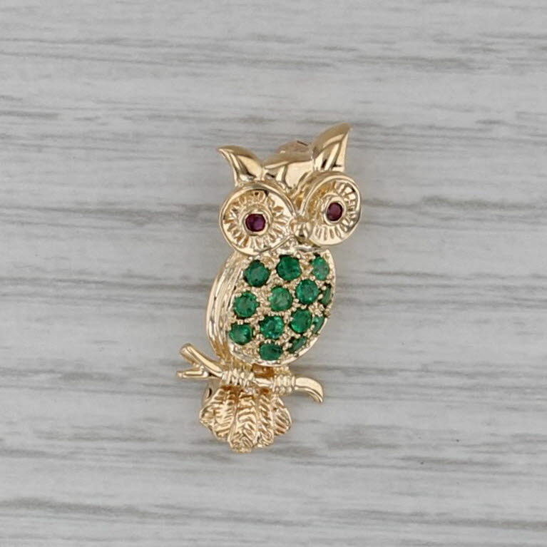 0.30ctw Emerald Ruby Small Owl Pin 14k Yellow Gold