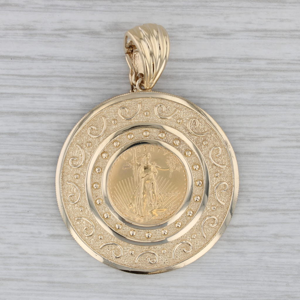 Gray 2002 American Eagle 5 Dollar Gold Coin Pendant 14k Bezel 22k Coin Clip Bail