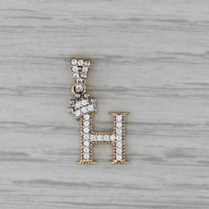 Crowned Letter Initial "H" Pendant Cubic Zirconia 10k Yellow Gold