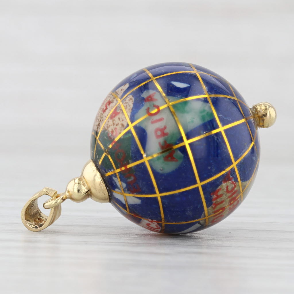 Spinning Globe Pendant 14k Yellow Gold Stone Mosaic Inlay Charm World Continents