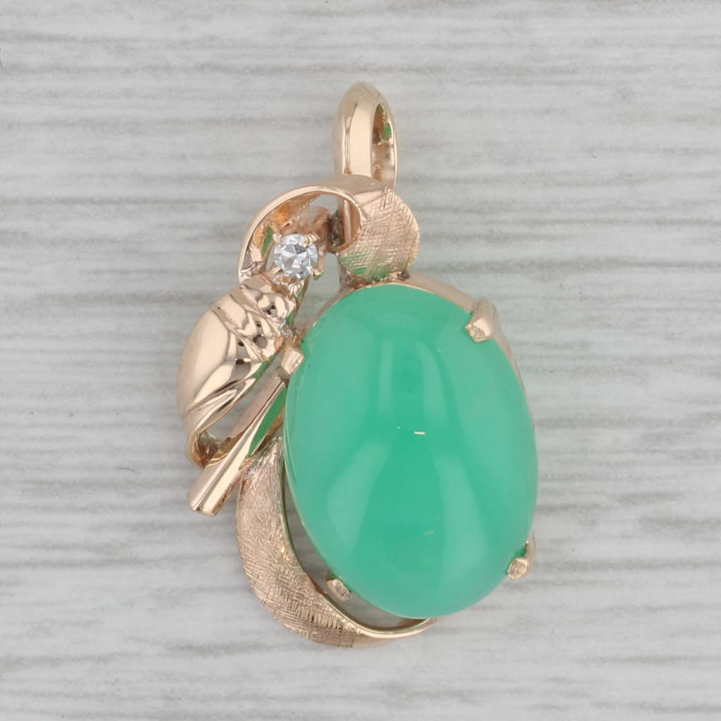 Gray Oval Cabochon Green Chalcedony Diamond Pendant 14k Yellow Gold