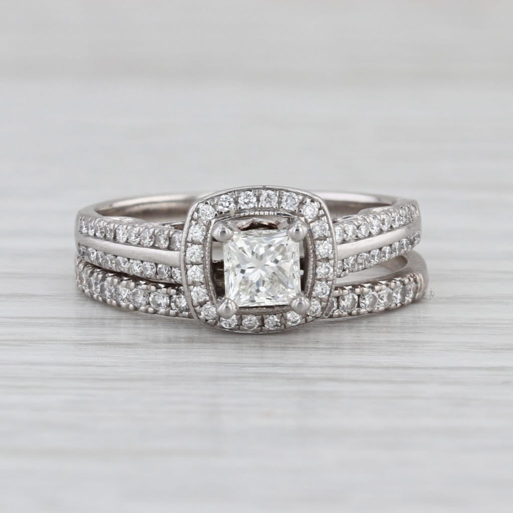 GIA 1.05ctw Diamond Halo Engagement Ring Wedding Band Bridal Set 14k White Gold