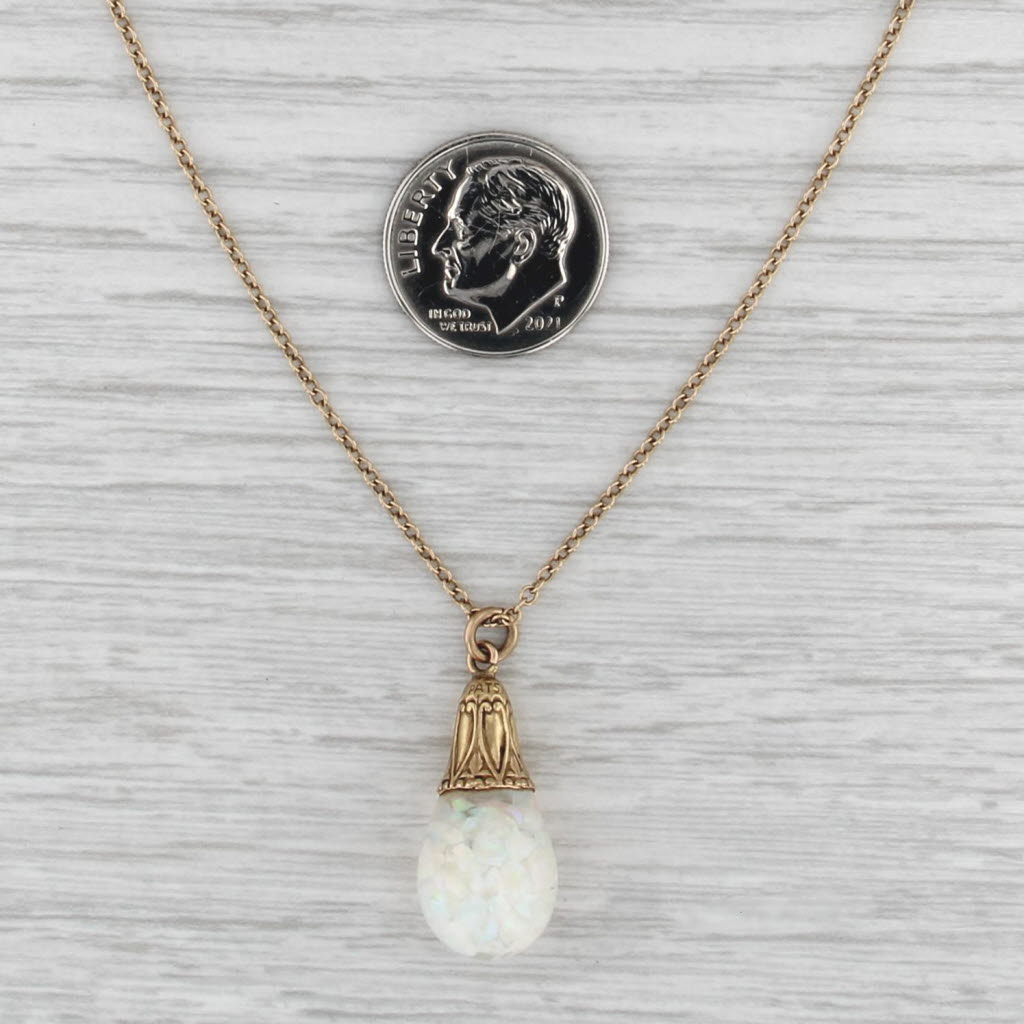 Vintage Floating Opals Drop Pendant Necklace 14k Yellow Gold 16" Cable Chain