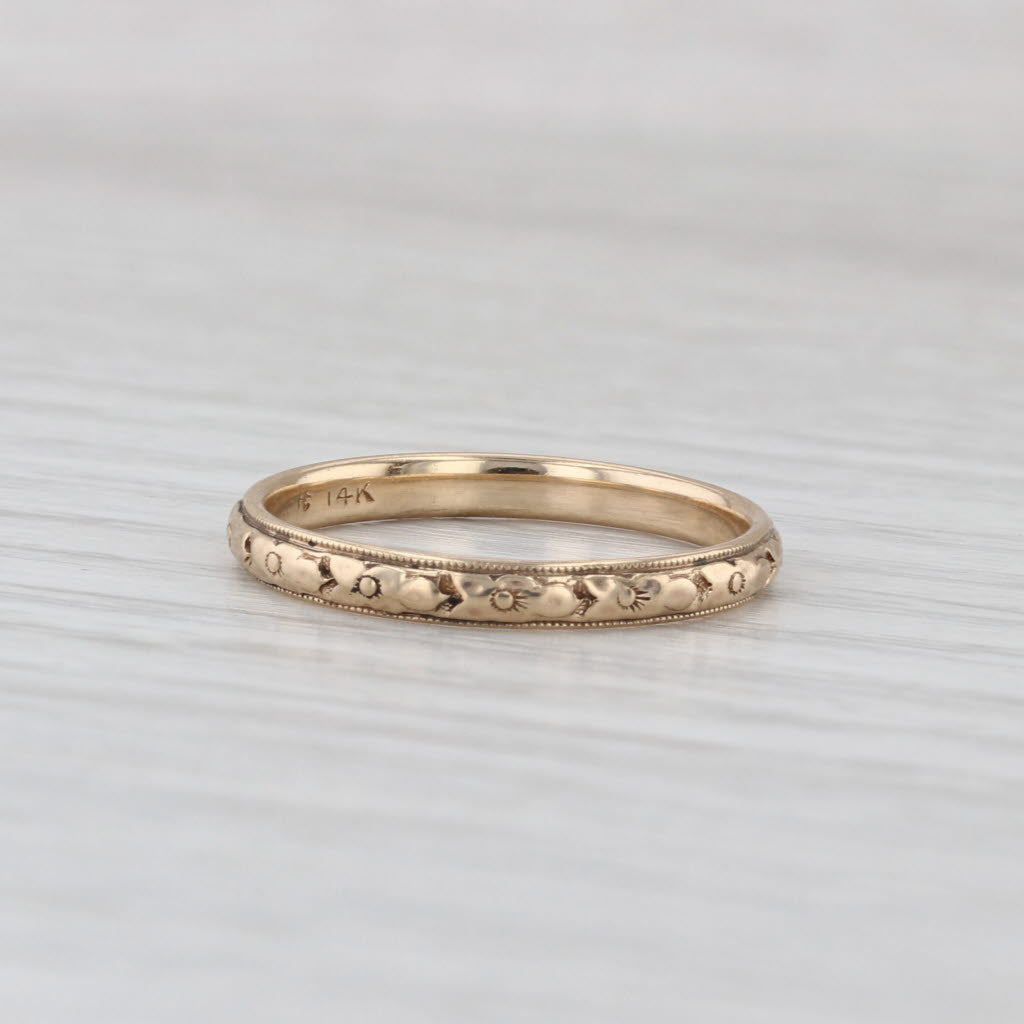 Etched Floral Pattern Band 14k Yellow Gold Size 7 Wedding Stackable Ring