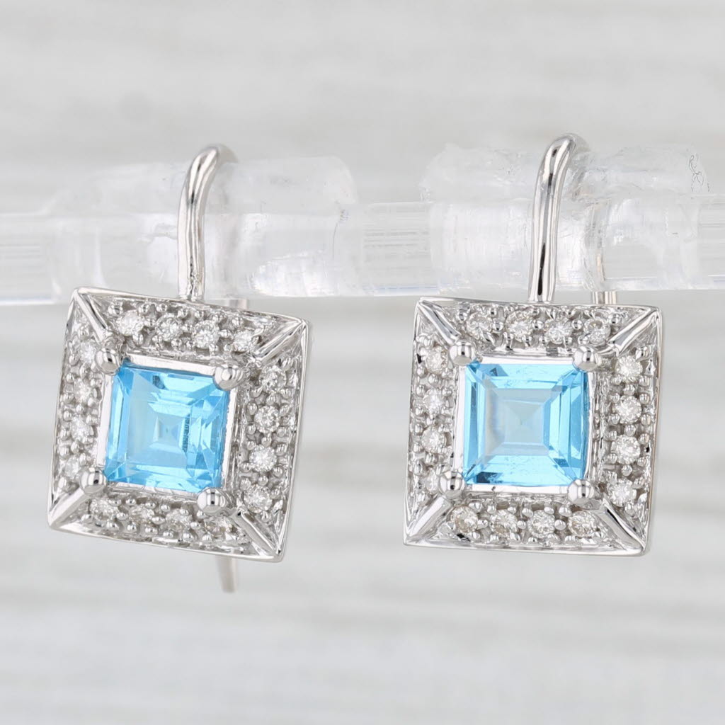 Light Gray 1.80ctw Blue Topaz Diamond Halo Drop Earrings 14k White Gold Hook Posts