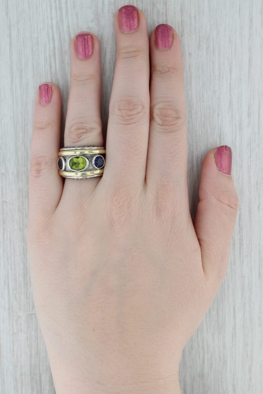 Gray David Yurman Renaissance Peridot Iolite Ring Sterling Silver 14k Gold Cocktail