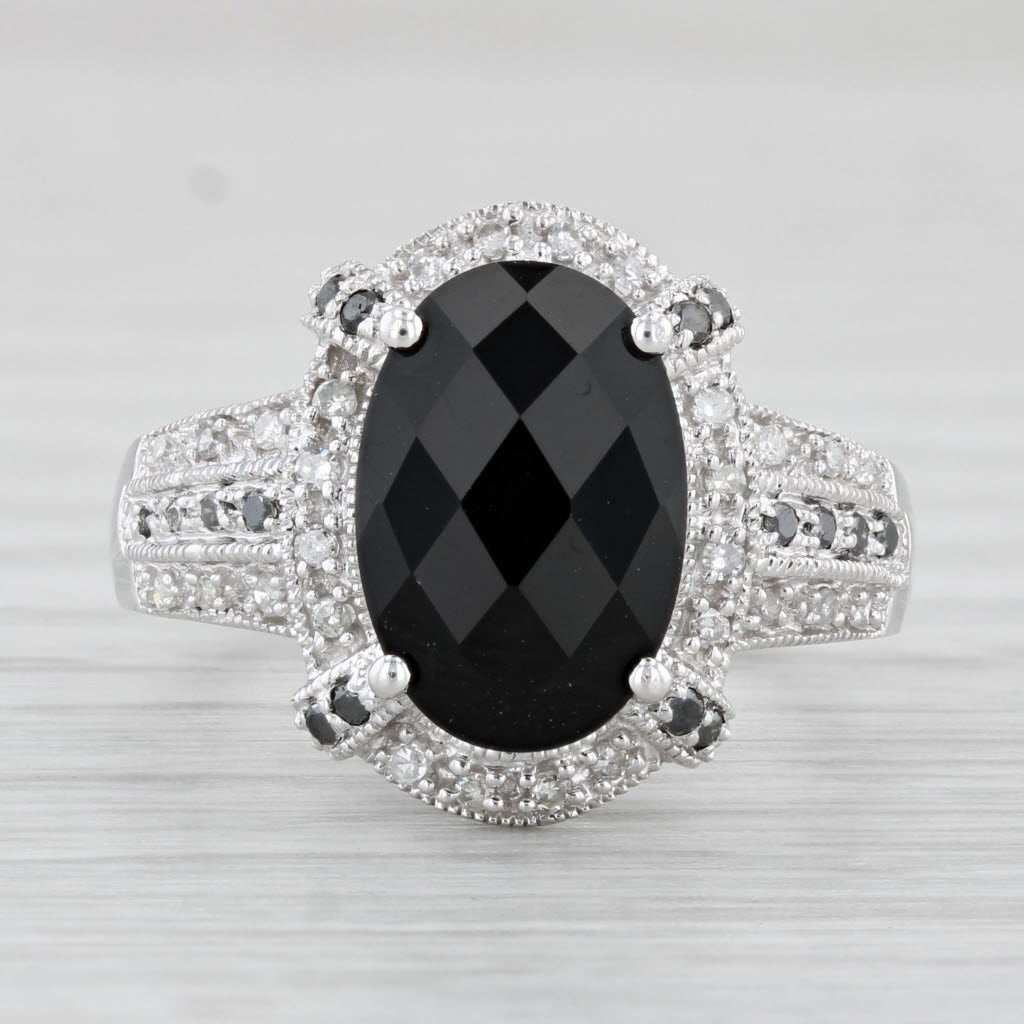 Light Gray Oval Onyx 0.18ctw Diamond Halo Ring 14k White Gold Size 7.25