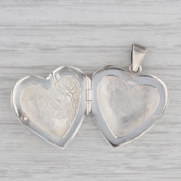 Floral Heart Locket Pendant Sterling Silver Engraved Flowers Opens Engravable