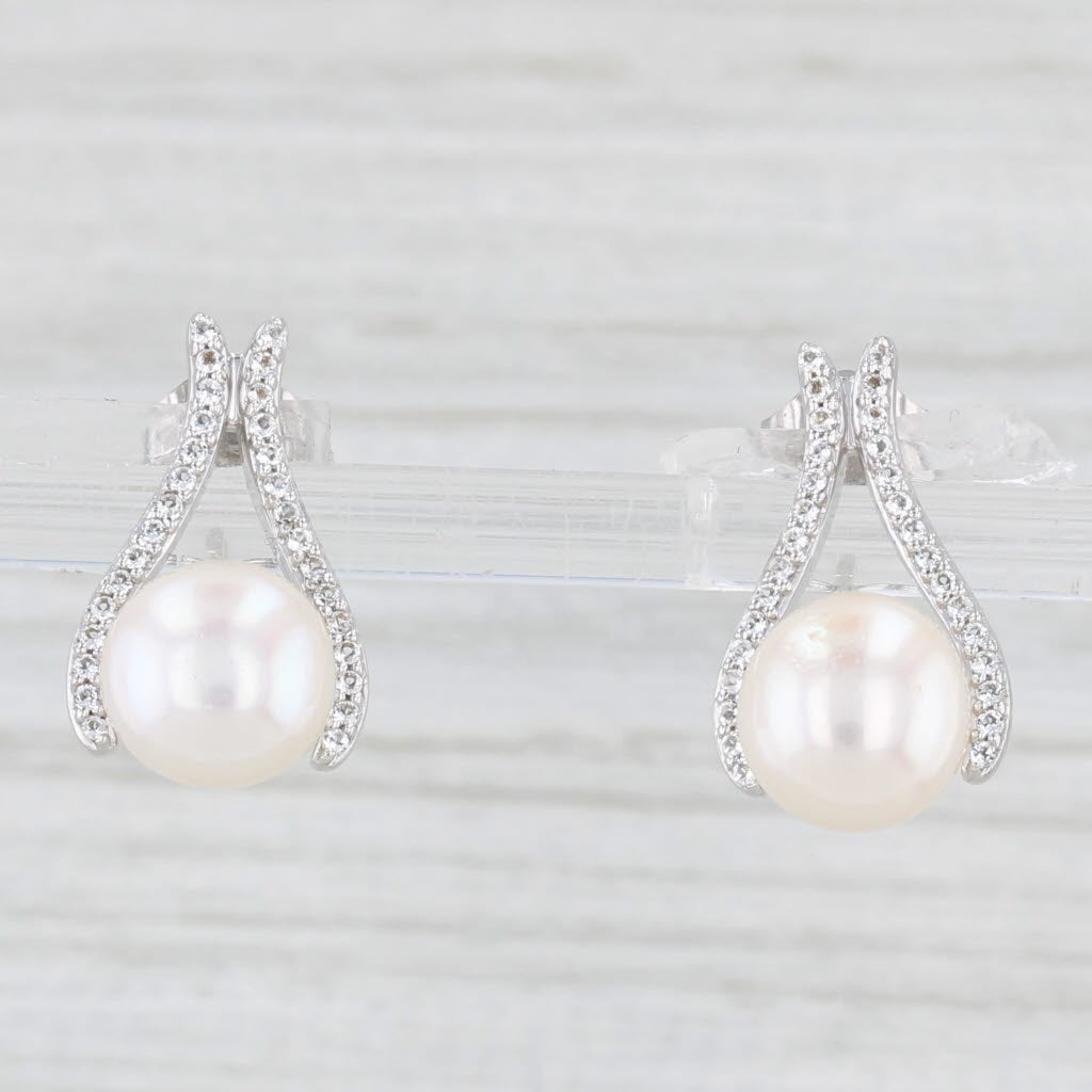 Light Gray New Cultured Pearl White Topaz Drop Earrings 10k White Gold