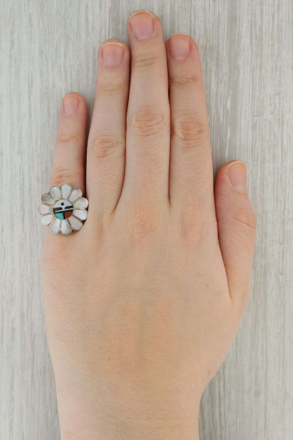 Native American Mosaic Flower Ring Sterling Silver Zuni Laahte Turquoi