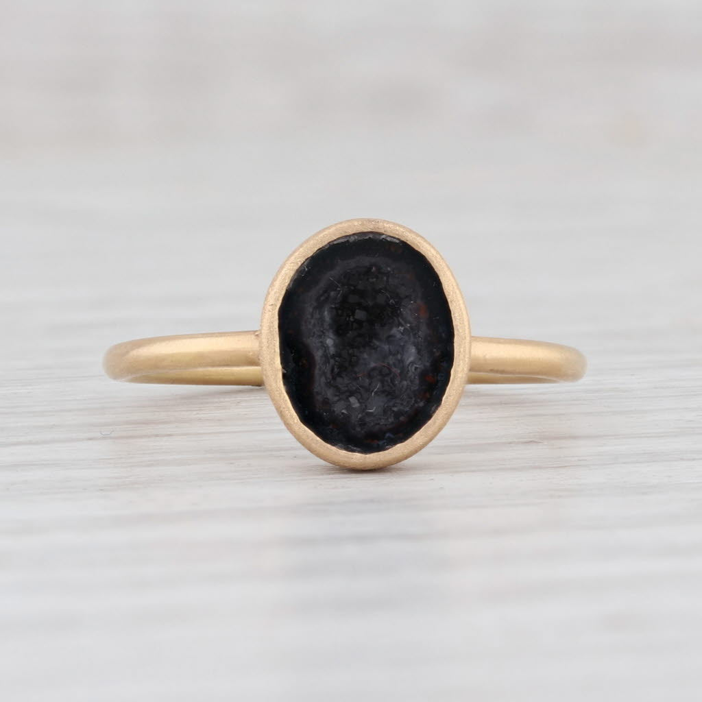 New Nina Wynn Black Quartz Agate Geode Ring 18k Yellow Gold Size 6.75