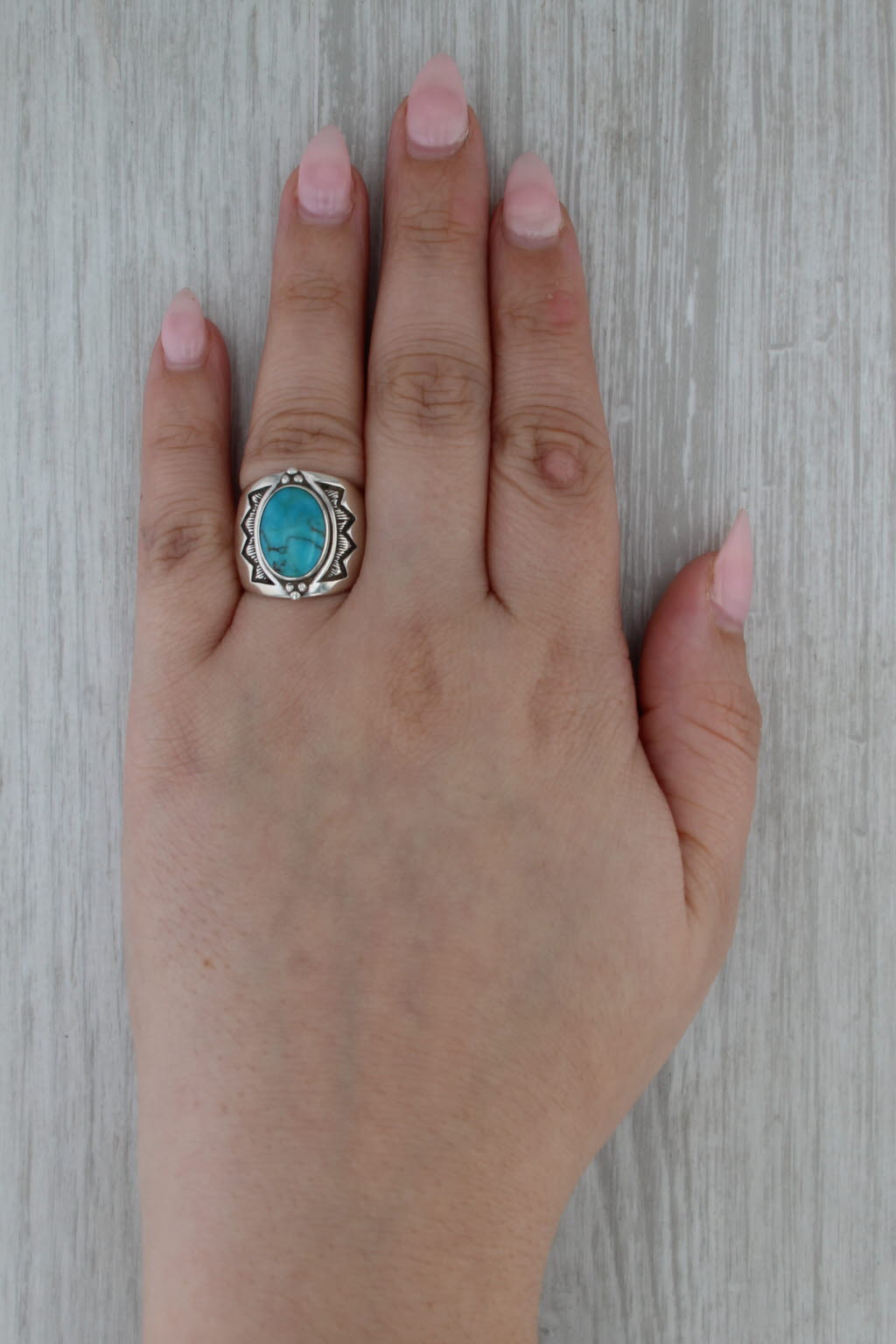 Relios Turquoise Ring Oval Cabochon Sterling Silver Size 6 Vintage Statement