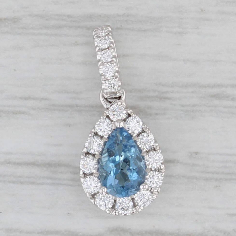 Gray New 0.55ctw Aquamarine Diamond Halo Teardrop Pendant 18k White Gold