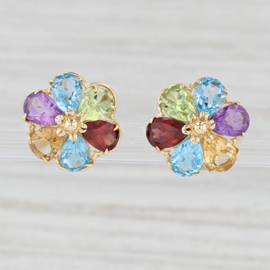 Light Gray 5.30ctw Gemstone Flower Stud Earrings 14k Gold Topaz Garnet Peridot Citrine