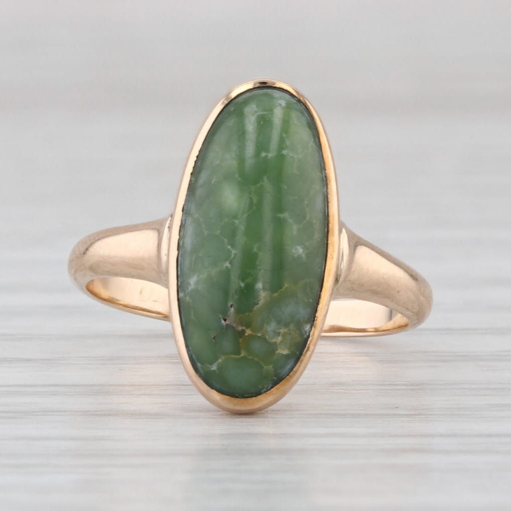 Vintage Green Faustite Ring Oval Cabochon 10k Yellow Gold Size 4.5