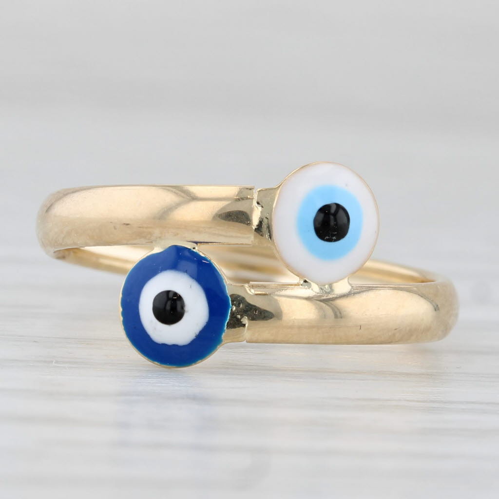 Light Gray New Enamel All Seeing Eye of Deity Bypass Ring 14k Yellow Gold Size 7