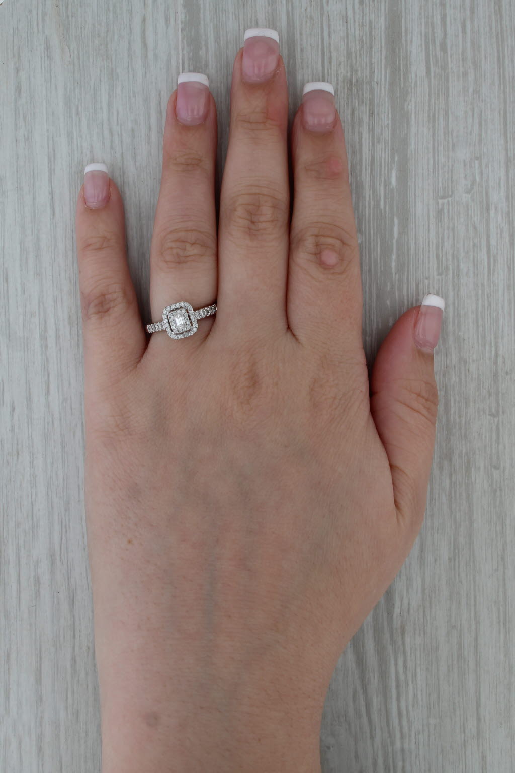 0.42ctw Diamond Halo Engagement Ring 14k White Gold Size 7 Emerald Cut