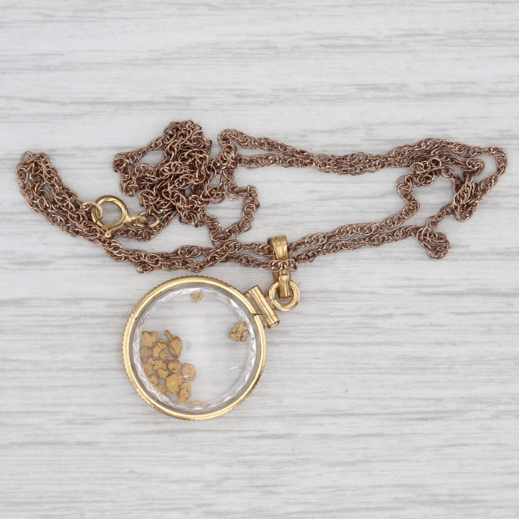 Light Gray Vintage Nuggets in Glass Pendant Necklace Gold Filled 18k 20" Rope Chain