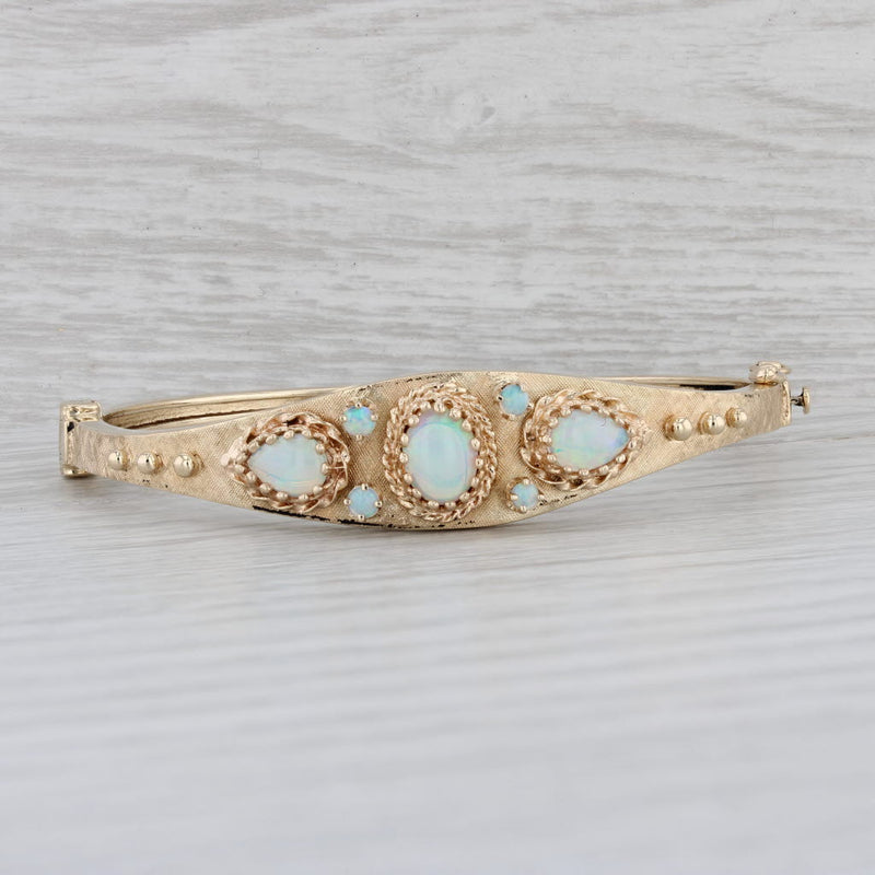 Gray Colorful Opal Bangle Bracelet 14k Yellow Gold Hinged 6.5"