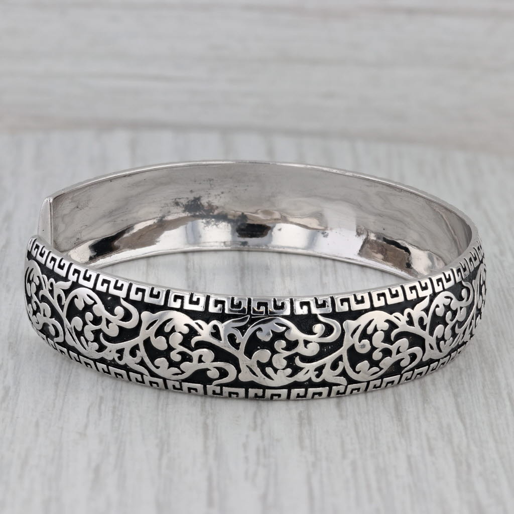 Gray Vintage Ornate Floral Pattern Cuff Bracelet Sterling Silver 7.25" 13.5mm