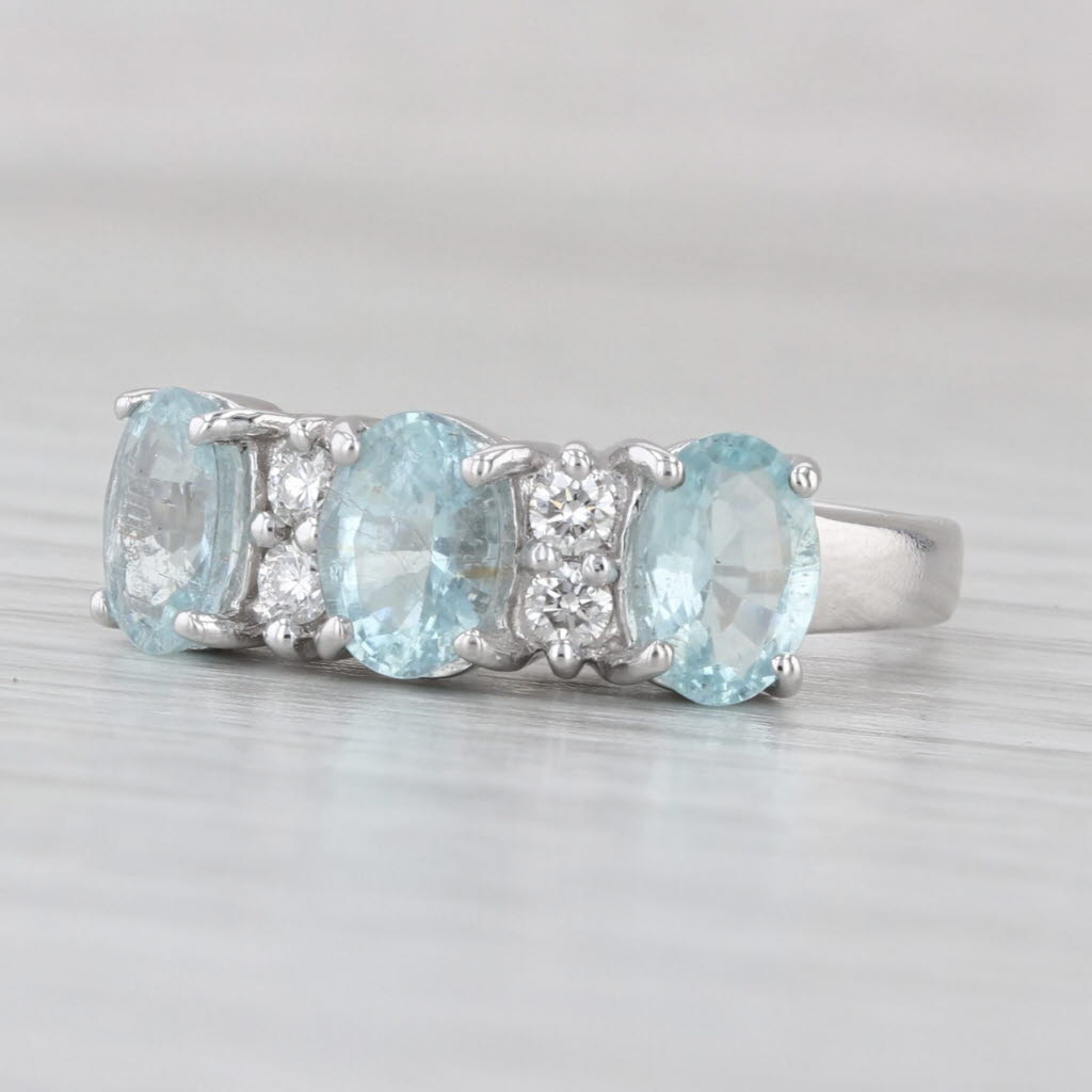 2.18ctw 3-Stone Aquamarine Diamond Ring 18k White Gold Size 8