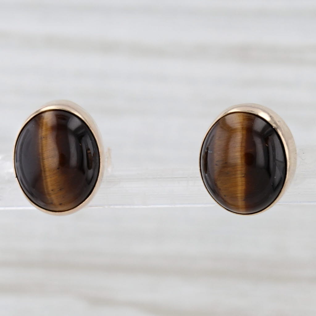 Light Gray Tiger's Eye Oval Cabochon Solitaire Stud Earrings 14k Yellow Gold