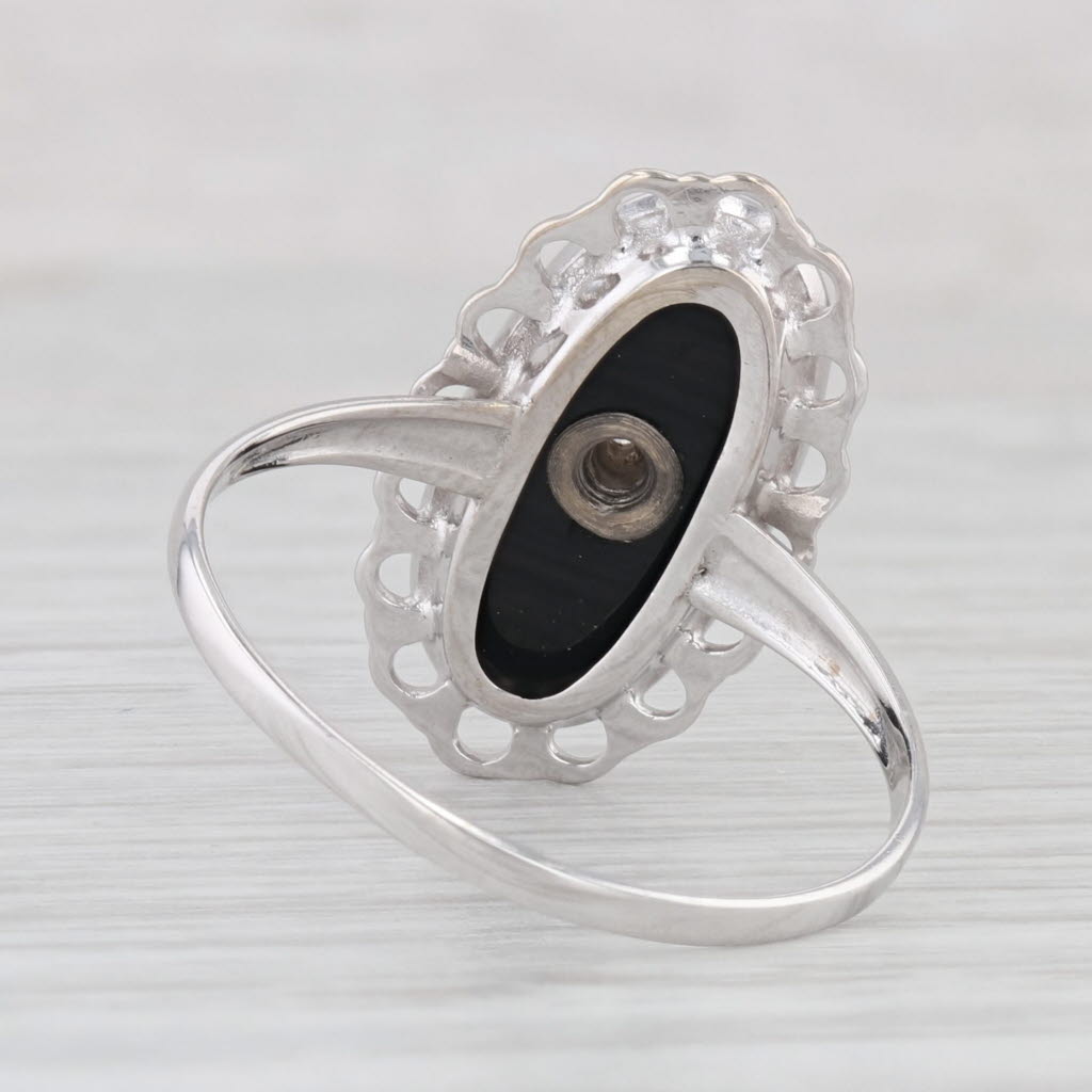 Light Gray Onyx Oval Cabochon Diamond Signet Ring 10k White Gold Size 7.5 Vintage