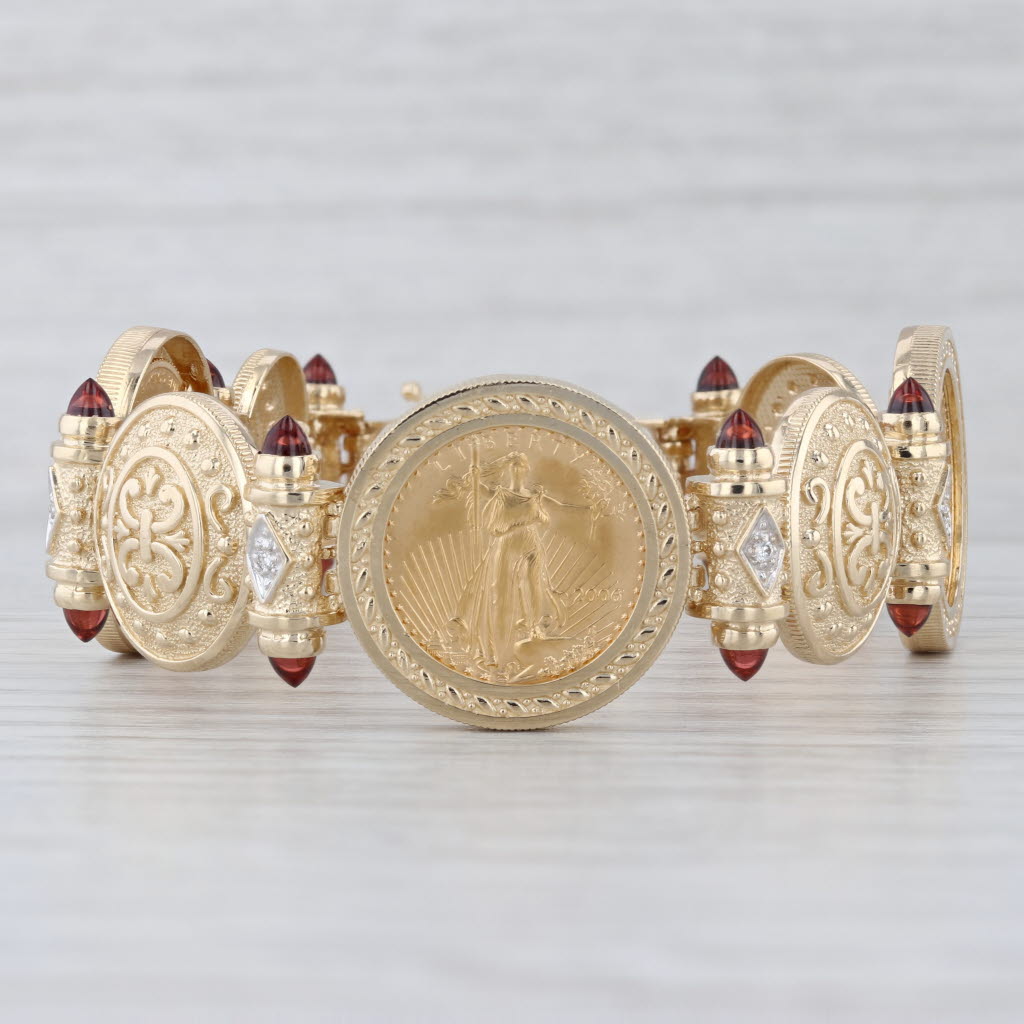 Garnet Diamond 2006 American Eagle Coin Bracelet 14k Gold 900 Gold 7" 1/10oz $5