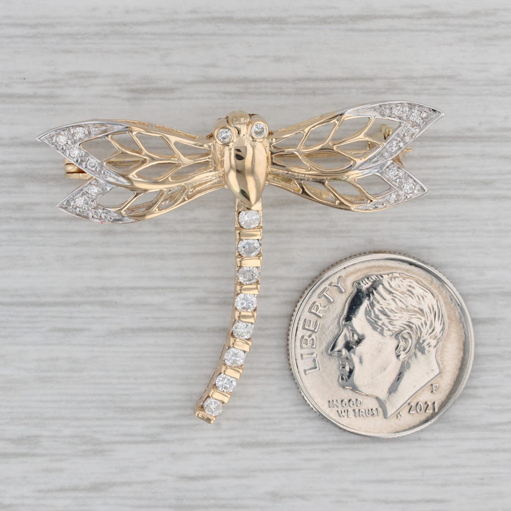 Gray 0.25ctw Diamond Dragonfly Brooch 18k Yellow Gold Statement Pin Insect Jewelry