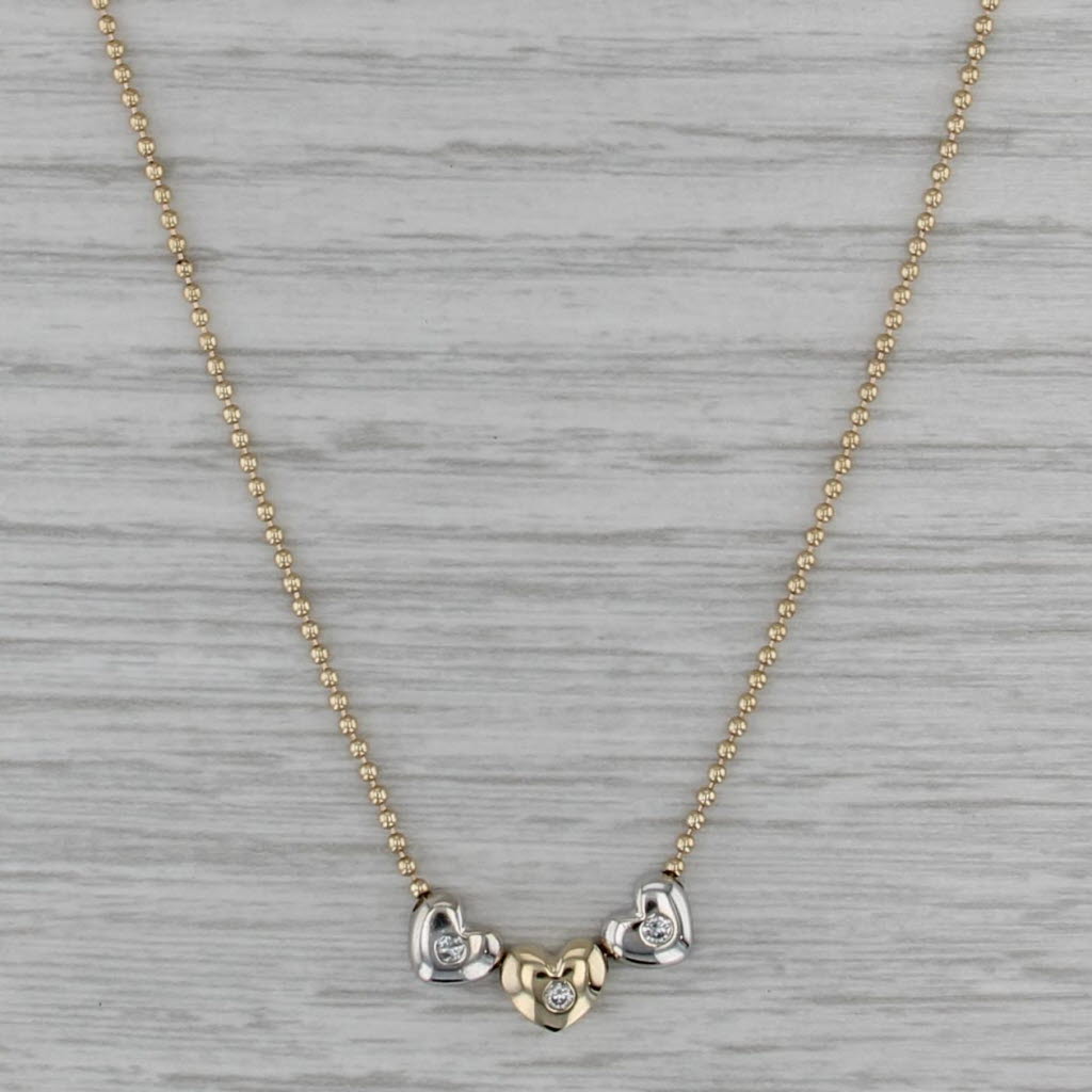 Small Diamond Hearts Pendant Bead Chain Necklace 14k Yellow White Gold 18"