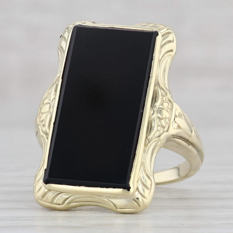 Gray Vintage Floral Onyx Ring 14k Yellow Gold Size 4.5 Rectangle Statement