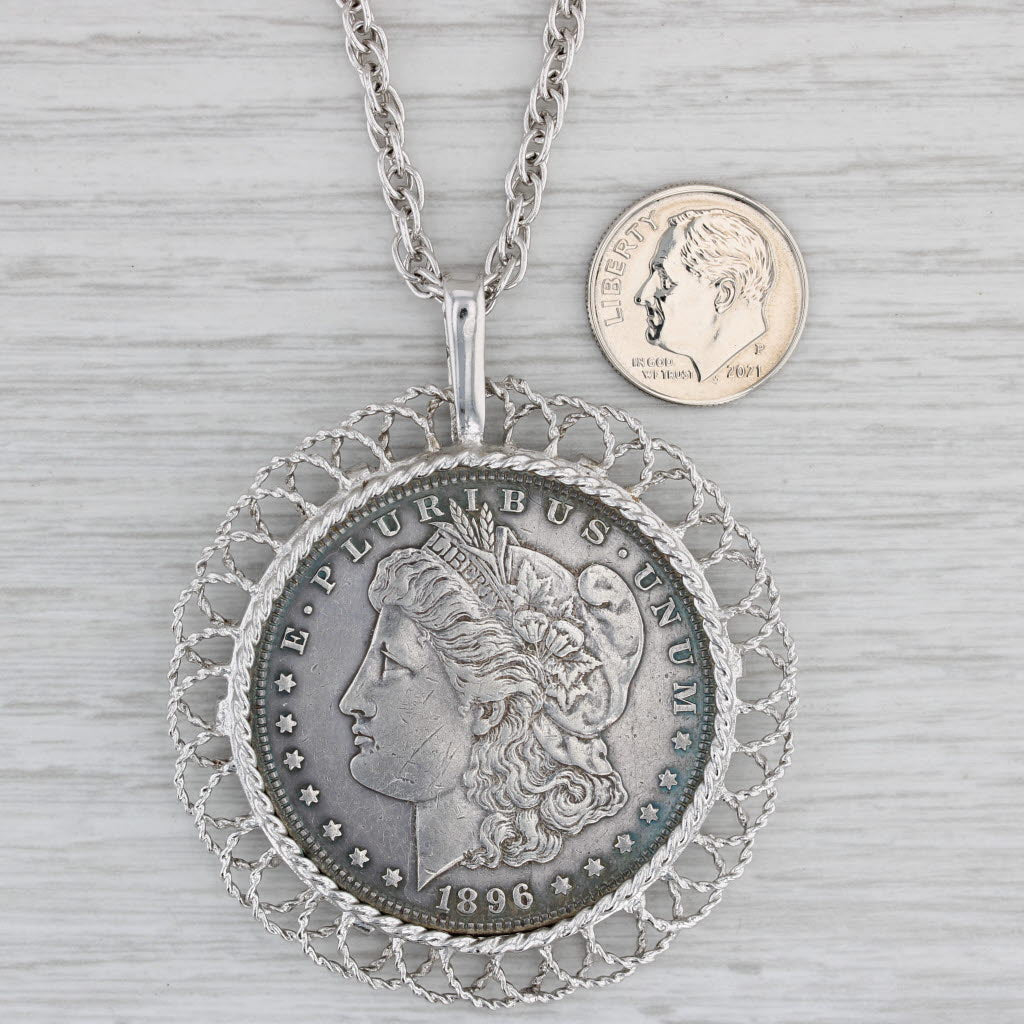 Gray Large 1896 One Dollar Coin Pendant Rope Chain Necklace Sterling Silver 24"