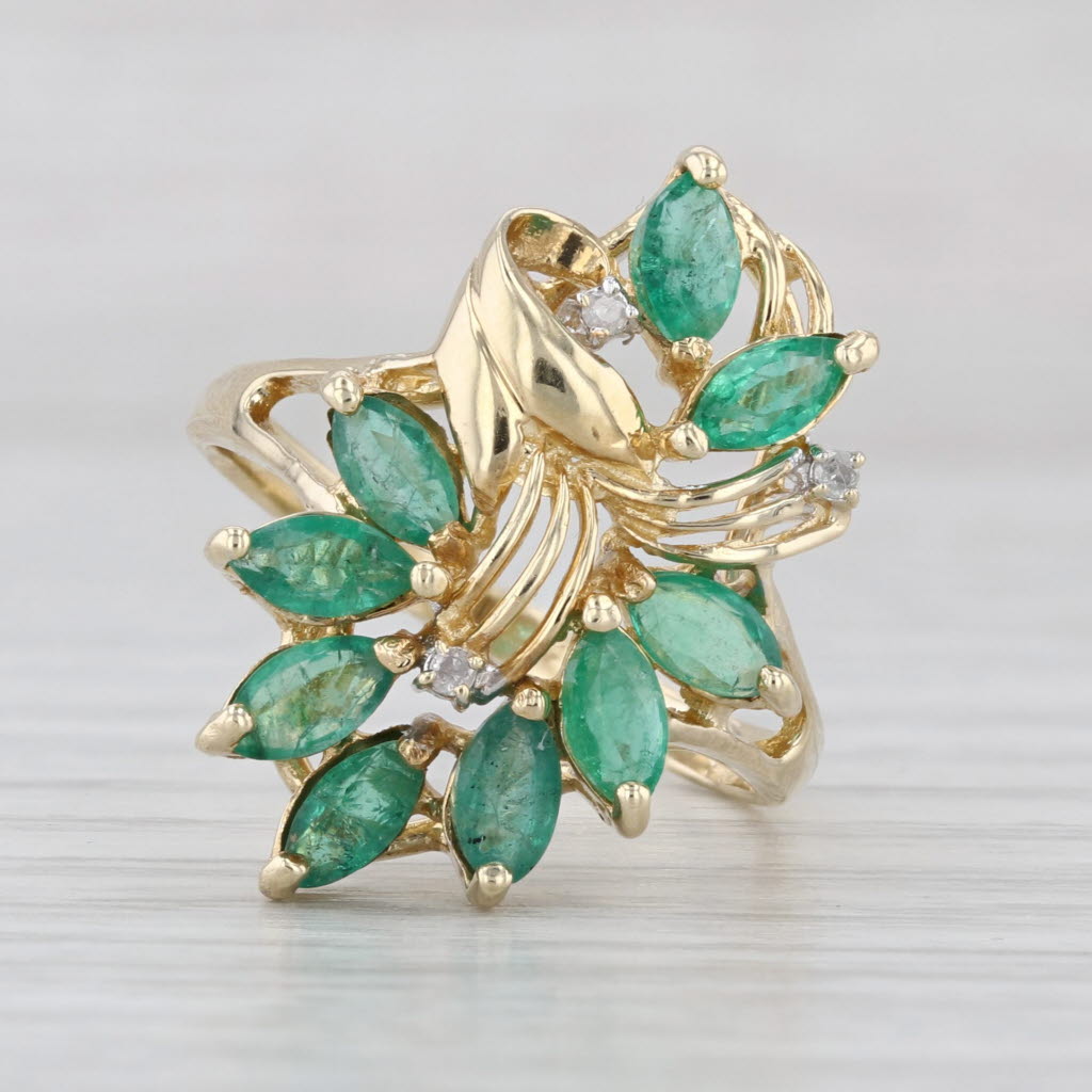 1.22ctw Emerald Diamond Flower Cluster Cocktail Ring 14k Yellow Gold Size 7.25
