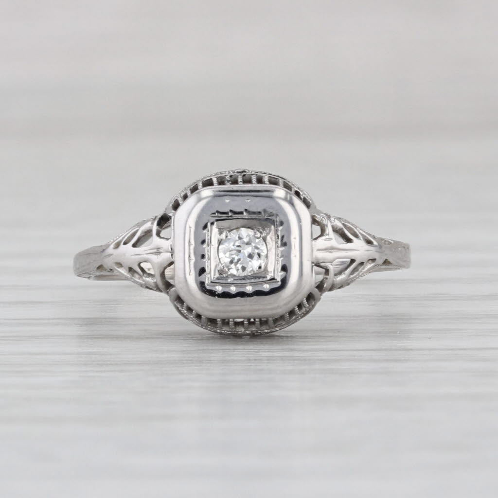 Art Deco Diamond Solitaire Ring 18k White Gold Filigree Size 7.5