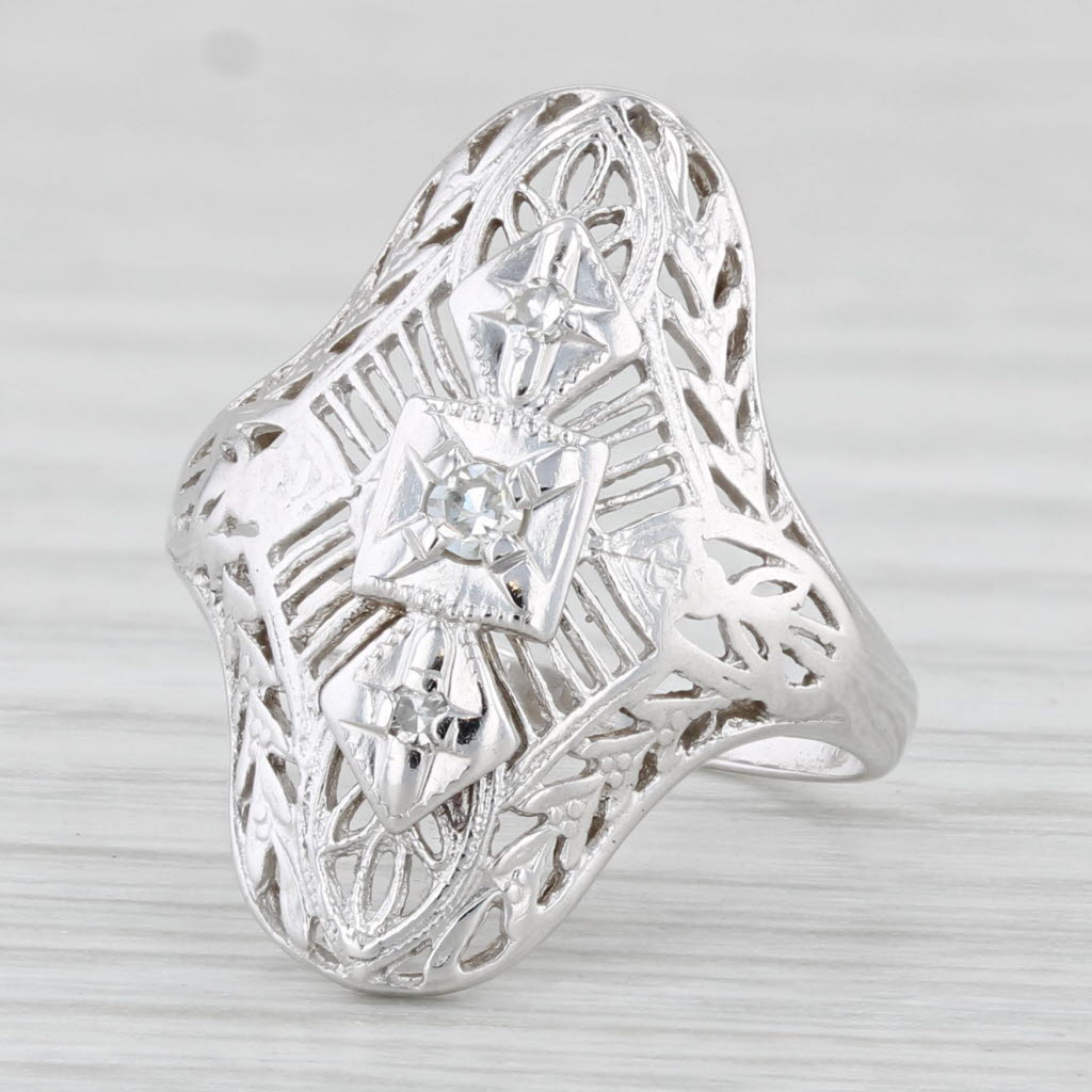 Light Gray Diamond Filigree Ring 10k White Gold Size 4.25 Vintage Art Deco