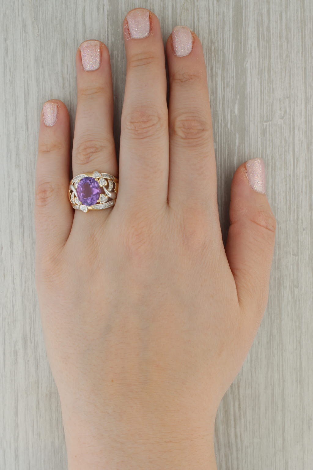 Rosy Brown 4.49ctw Amethyst Diamond Ring 14K Gold Heart Accents Size 9 Cocktail