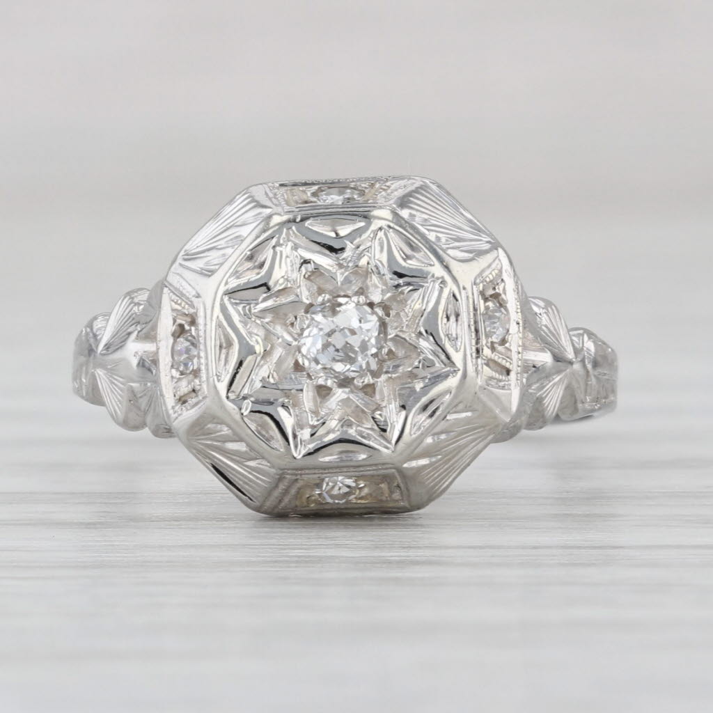 0.18ct Art Deco Diamond Star Ring 18k White Gold Size 7.25 Ornate Hand Finished