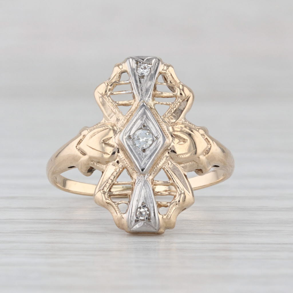 Vintage Diamond Filigree Openwork Ring 14k Yellow White Gold Size 7