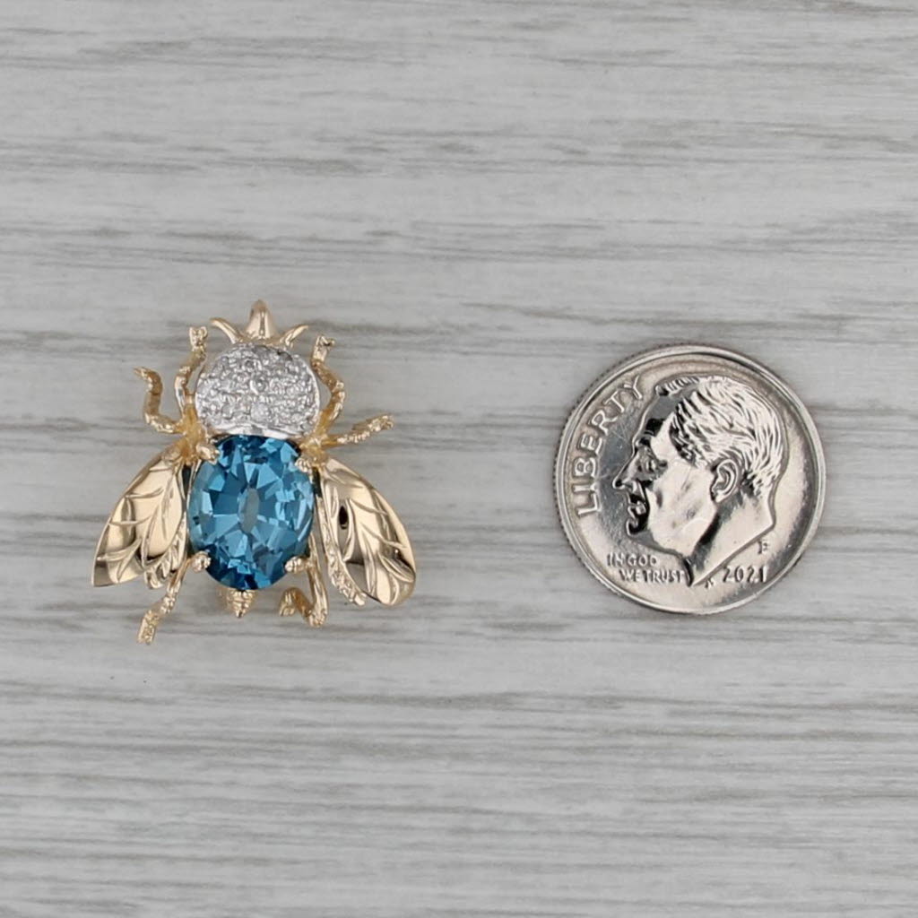 3.50ctw Blue Topaz Diamond Bee Brooch Pendant 14k Yellow Gold Pin