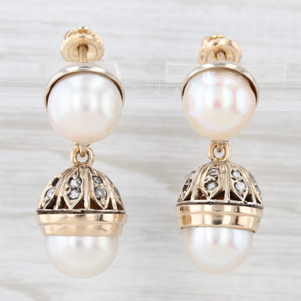Light Gray Antique Cultured Pearl Diamond Dangle Earrings Silver Gold w/ Box Screw Backs