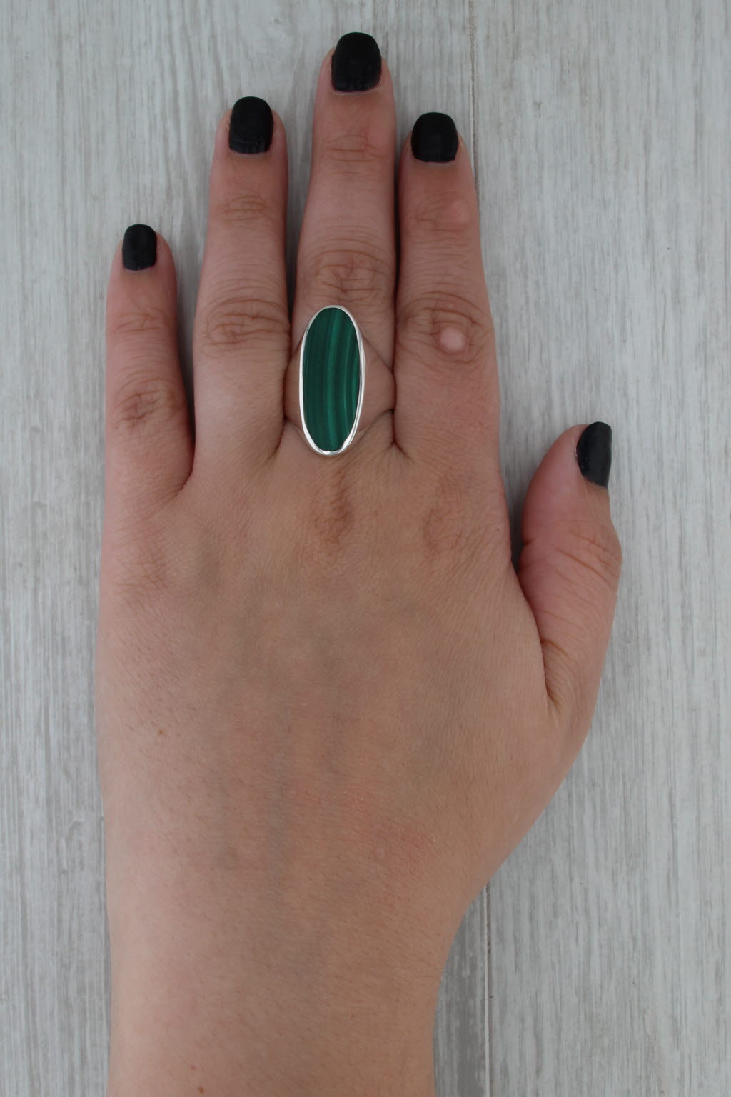 Vintage Green Malachite Statement Ring Sterling Silver Size 9.75