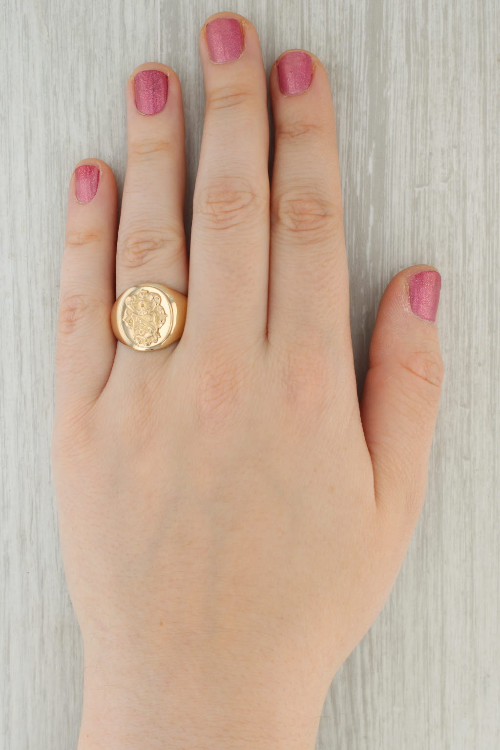 Tan Vintage Sigma Nu Fraternity Crest Signet Ring 10k Yellow Gold Sz 10 Coat of Arms