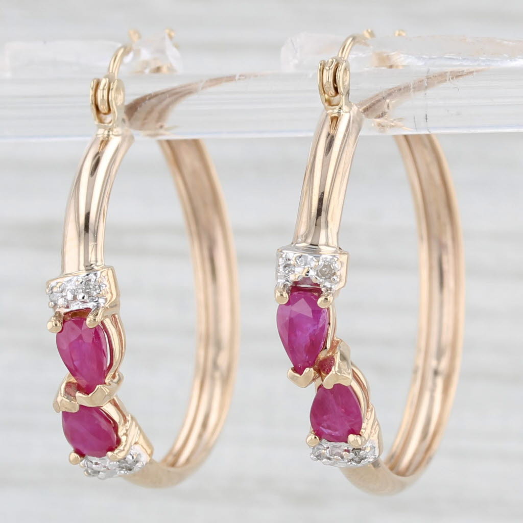 Light Gray 0.84ctw Ruby Diamond Hoop Earrings 10k Yellow Gold Snap Top Round Hoops