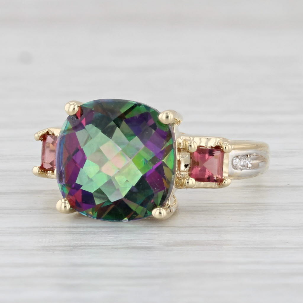 Light Gray 5.76ctw Mystic Topaz Pink Tourmaline Diamond Ring 10k Yellow Gold Size 6