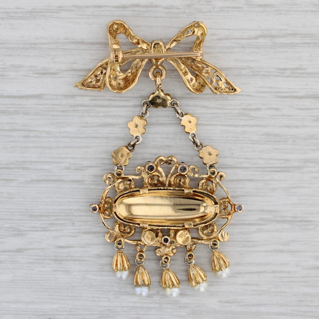 Gray Antique Ornate Flower Brooch 18k Gold Pearls Sapphires Fringed Pin