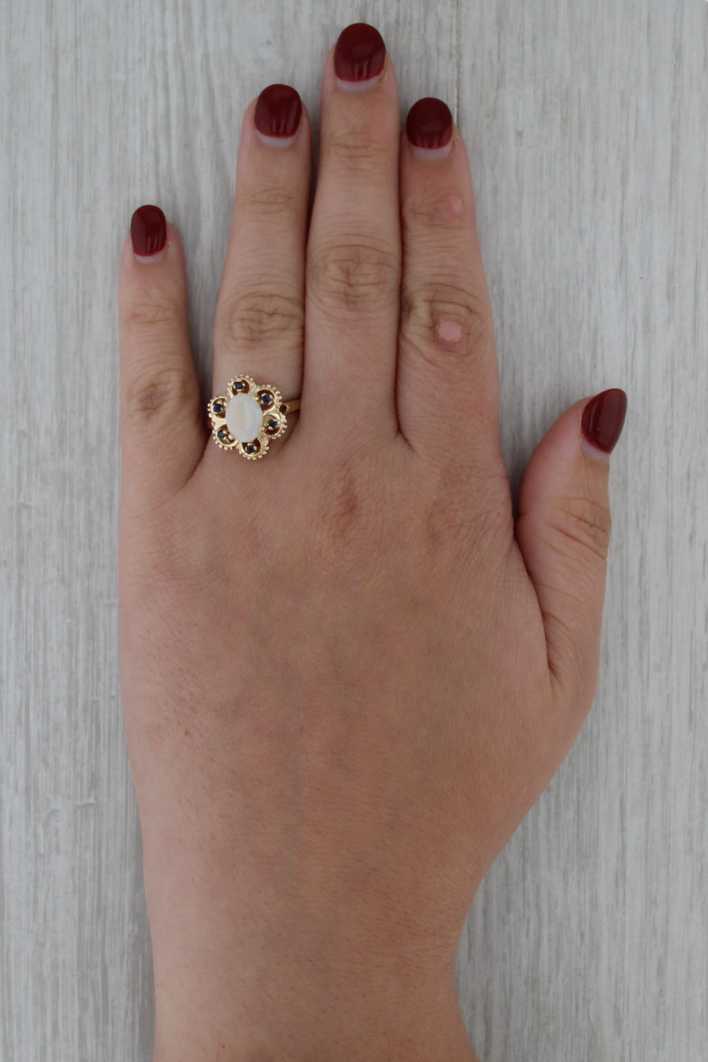 Opal Blue Sapphire Halo Flower Ring 14k Yellow Gold Size 7.75