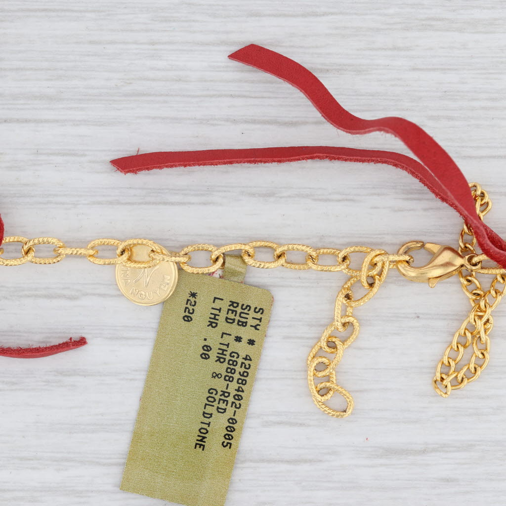 New Nina Wynn Cordelia Necklace White Druzy Woven Red Leather Gold Vermeil