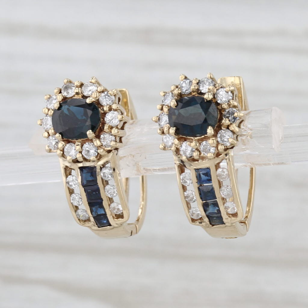 1.20ctw Blue Sapphire Diamond Hoop Earrings 14k Gold Hinged Snap Top Hoops